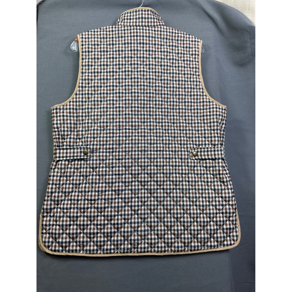 Lands' End Women Medium Quilted Primaloft Vest Brown Navy Check Plaid Snap Front - Picture 10 of 11
